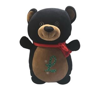 NWOT Hugmees By Squishmallows  Black and Tan 14” Blizzard Bear with Red Scarf